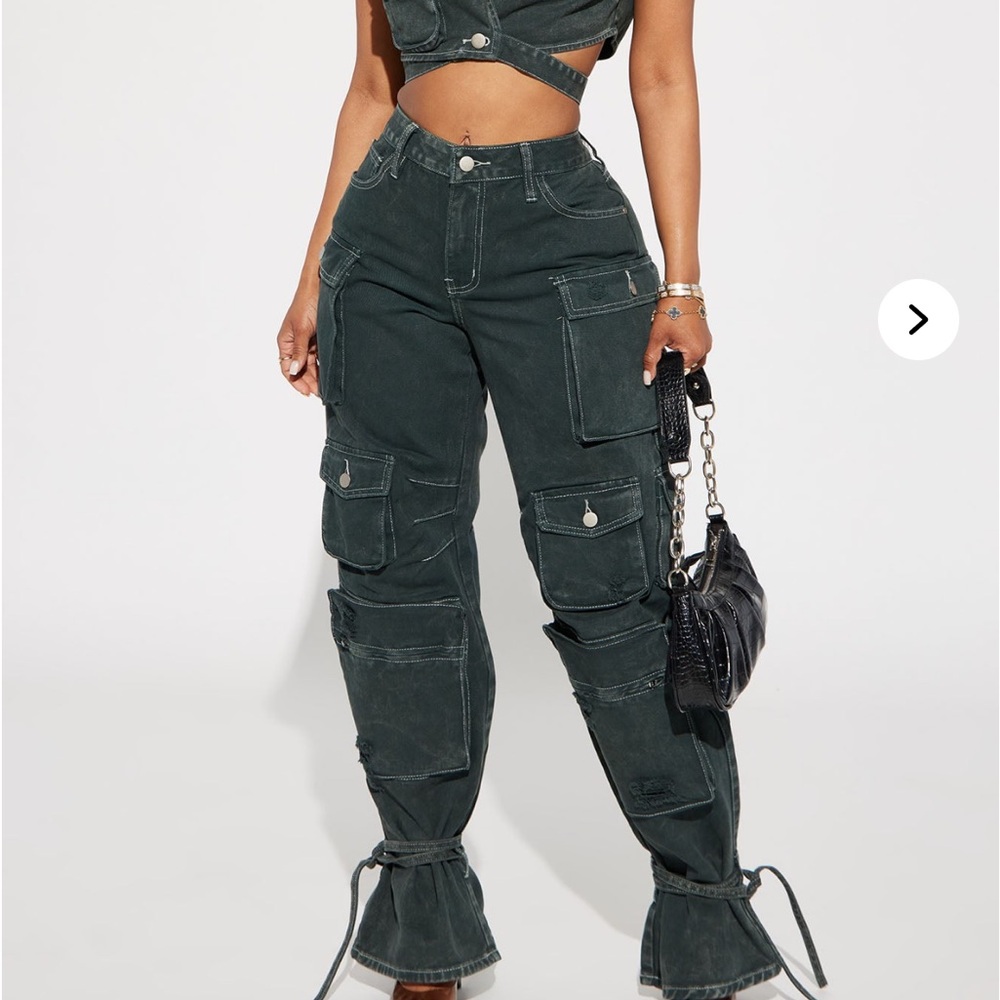 Fashion Nova Dark Green Flare Cargo Jeans